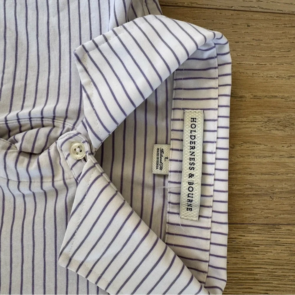 Holderness & Bourne Tailored Fit Mens Striped Polo White Purple BLUE MOUND LOGO
